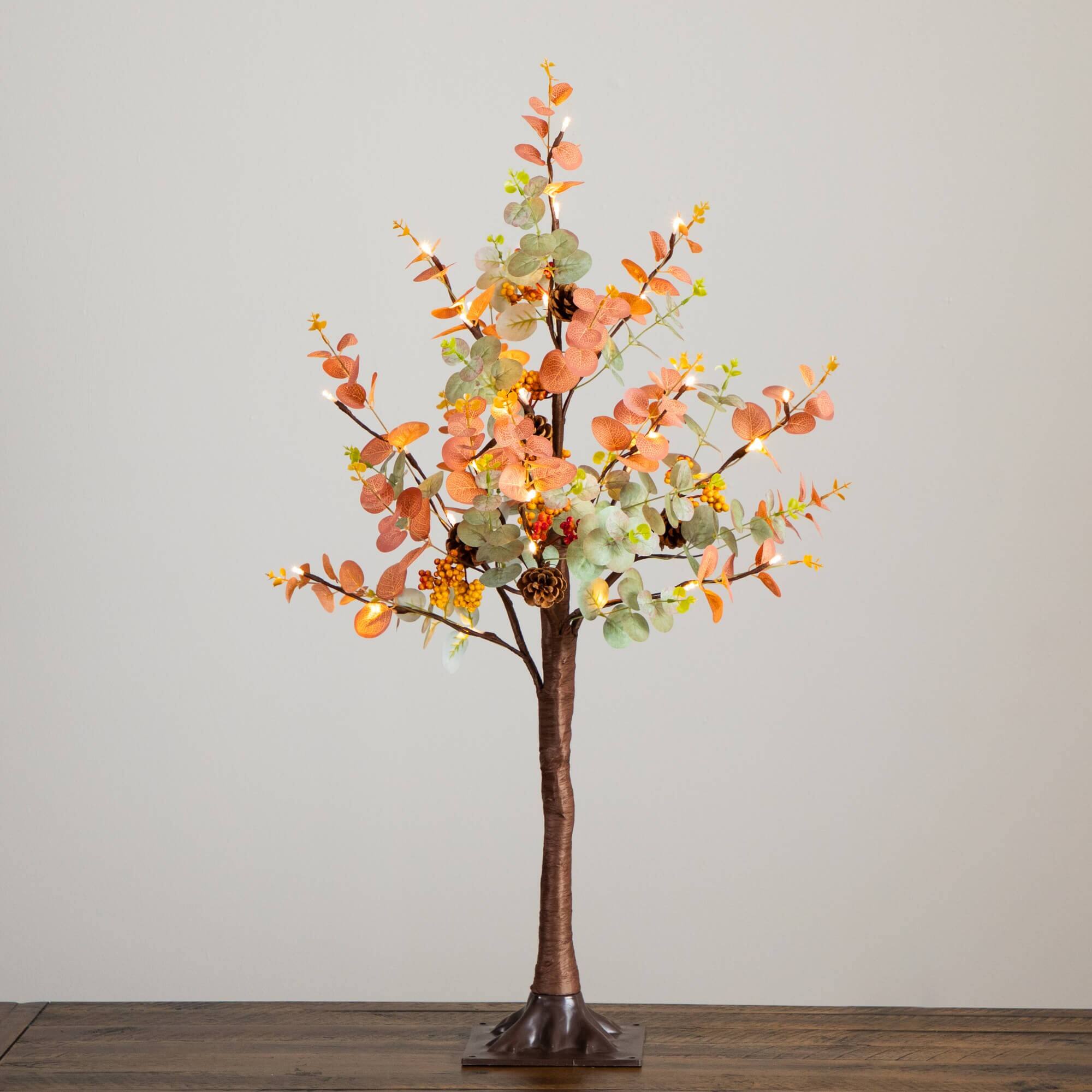 3ft. Pre-Lit Autumn Eucalyptus Artificial Fall Tree with Pinecones, Berries and 36 Warm White LED Lights